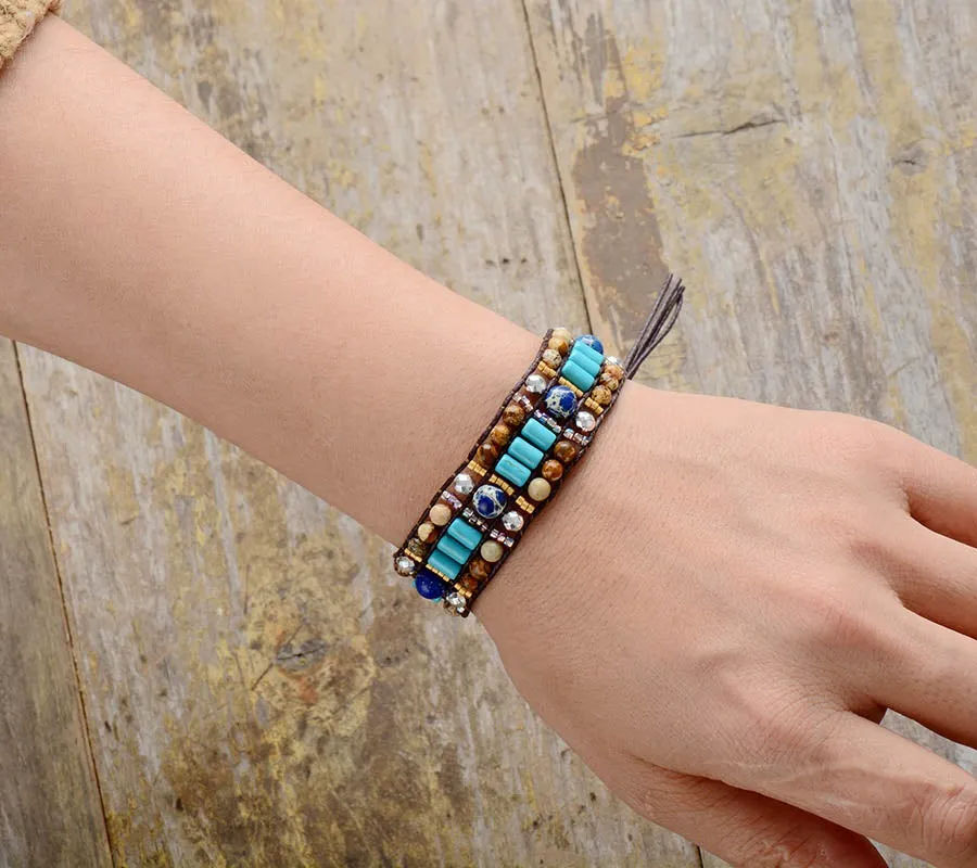 Bohemian Turquoise Jasper Beaded Cuff Bracelet