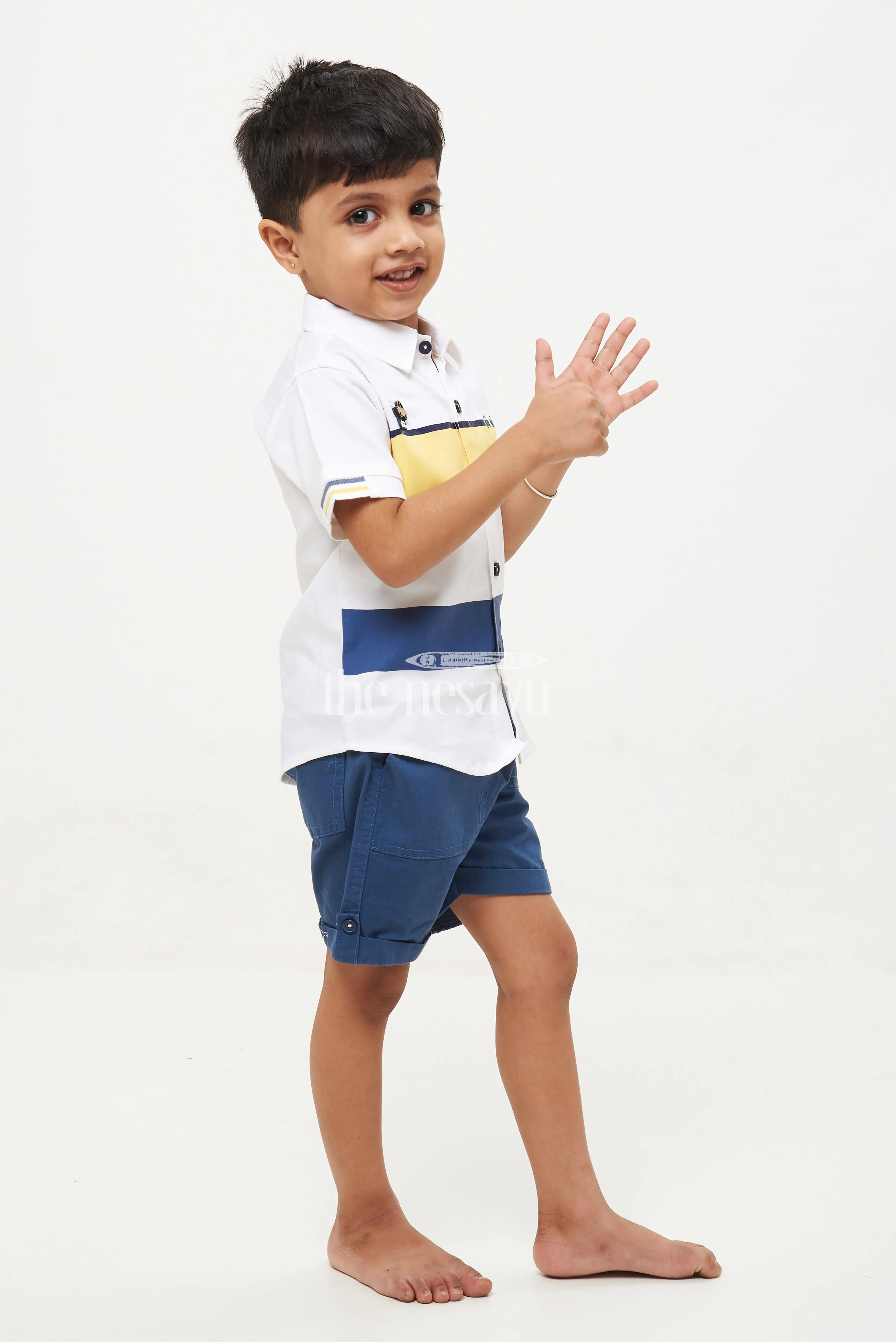 Boys' Striped Car Print Shirt & Shorts Set - Yellow/Navy