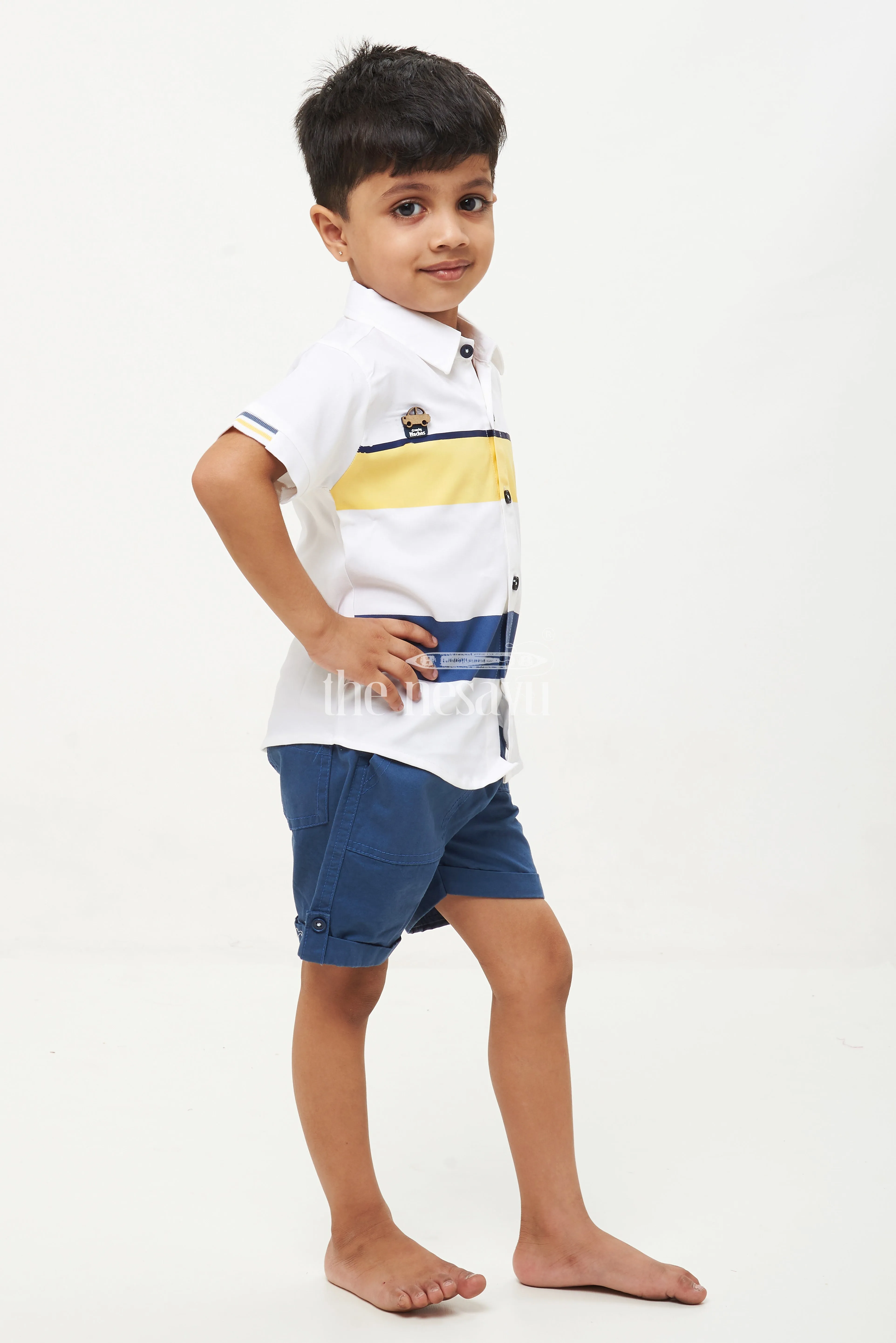 Boys' Striped Car Print Shirt & Shorts Set - Yellow/Navy