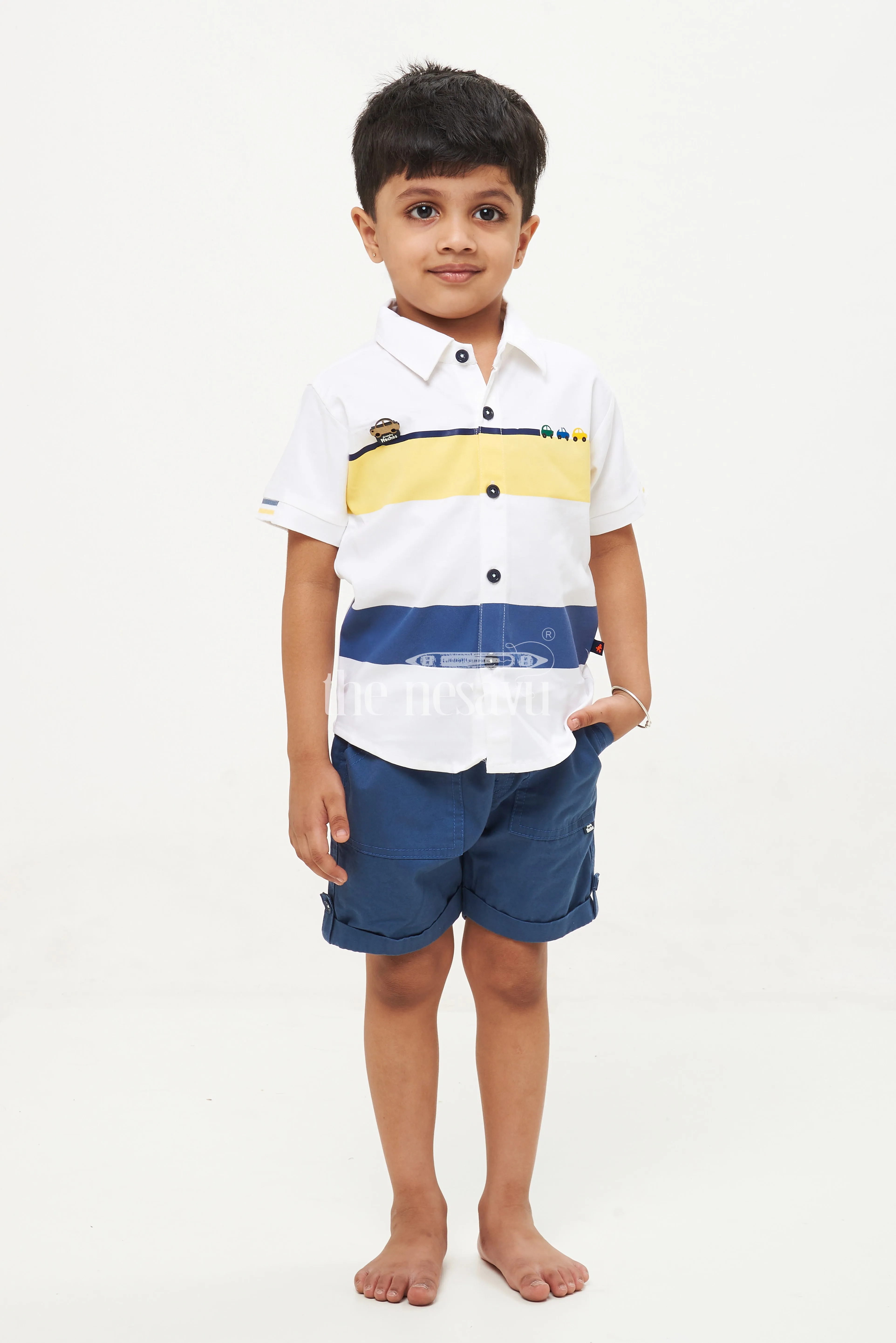 Boys' Striped Car Print Shirt & Shorts Set - Yellow/Navy