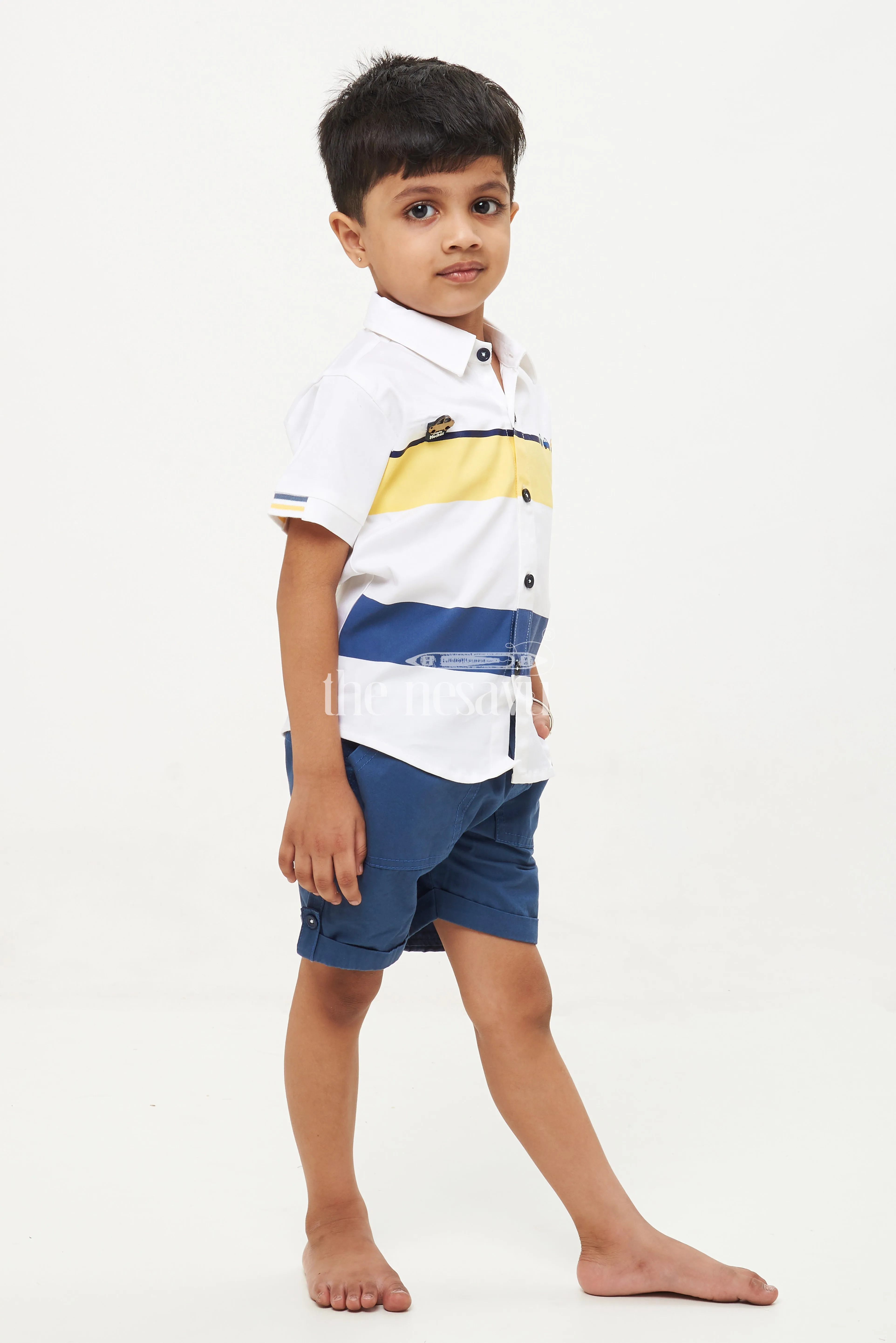 Boys' Striped Car Print Shirt & Shorts Set - Yellow/Navy