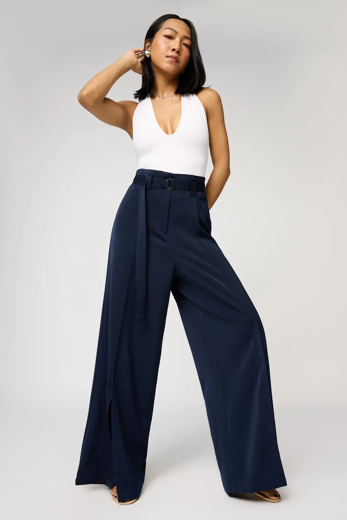 Celestial Navy Belted Flared Korean Pants