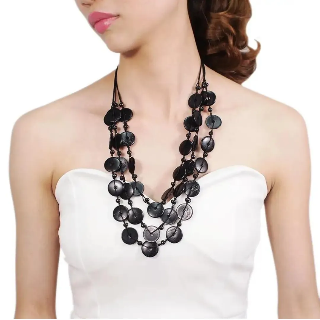 Chokore Multi-layer Long Coconut Shell Necklace (Black)