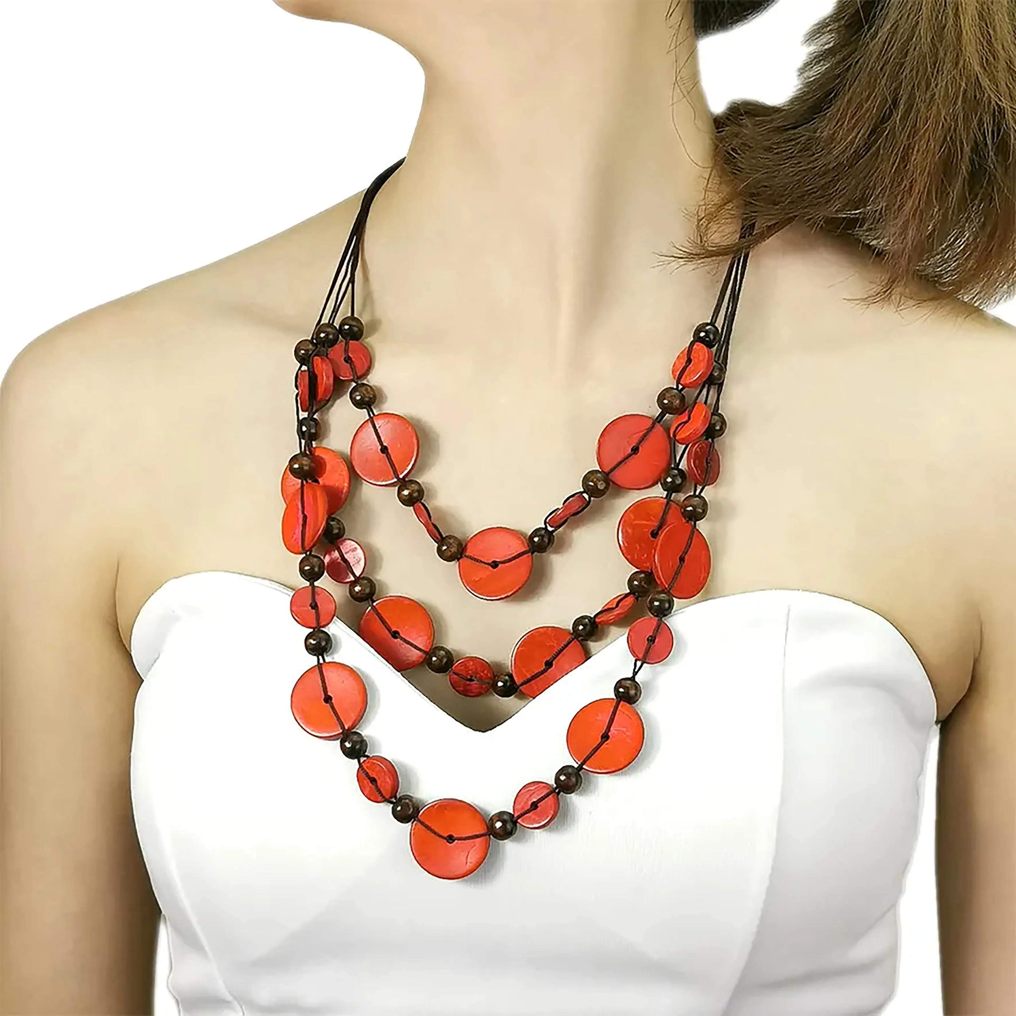 Chokore Multi-layer Long Coconut Shell Necklace (Red)