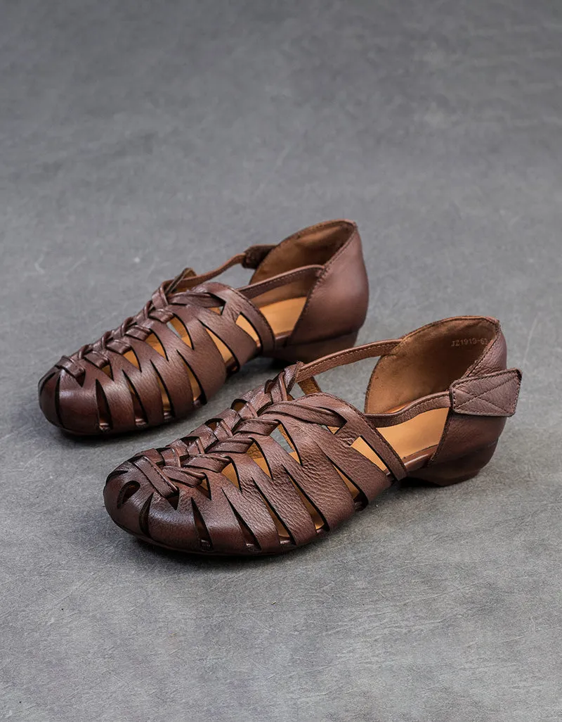 Close Toe Breathable Leather Braids Retro Flat Sandals