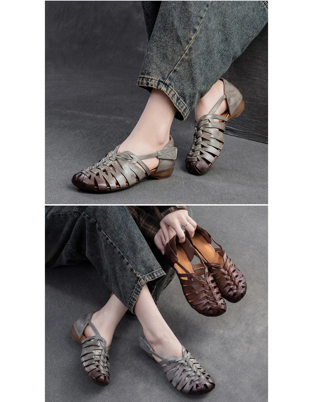 Close Toe Breathable Leather Braids Retro Flat Sandals