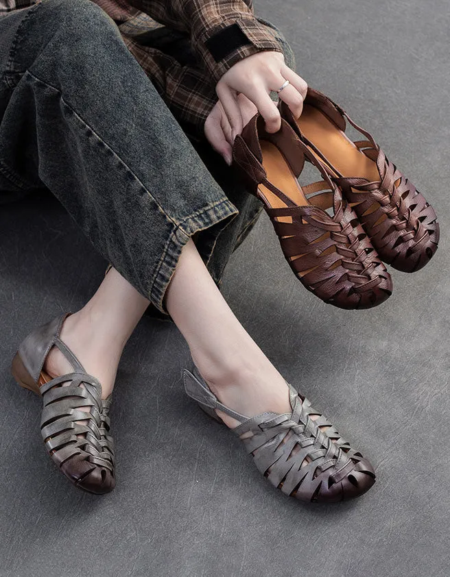 Close Toe Breathable Leather Braids Retro Flat Sandals