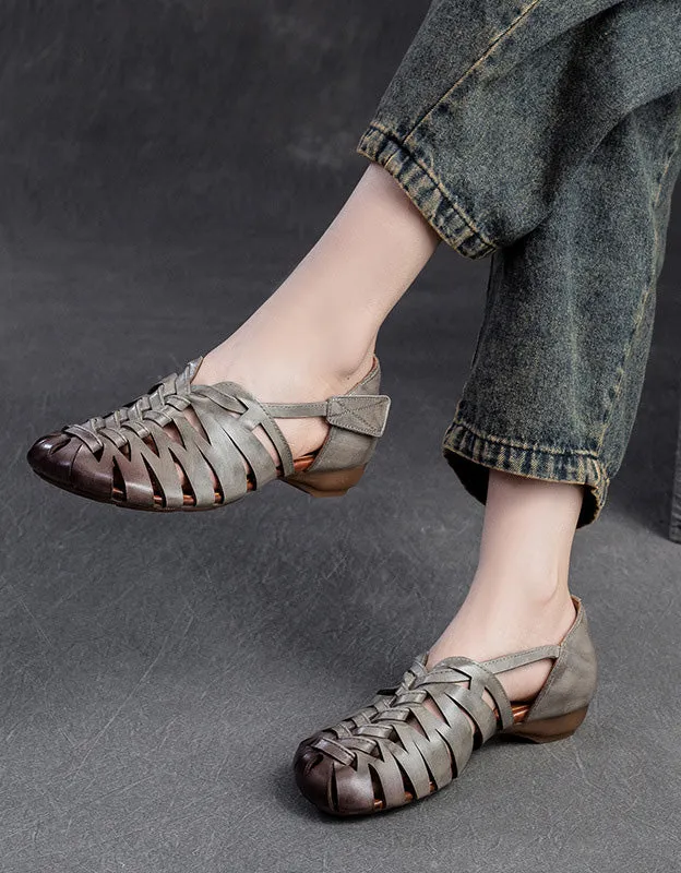 Close Toe Breathable Leather Braids Retro Flat Sandals