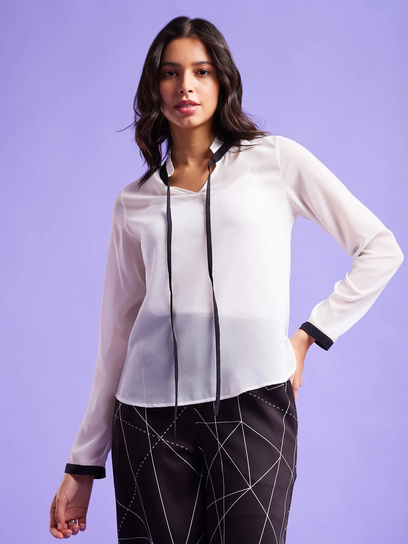 Colour Block Tie-Up Top - White And Black