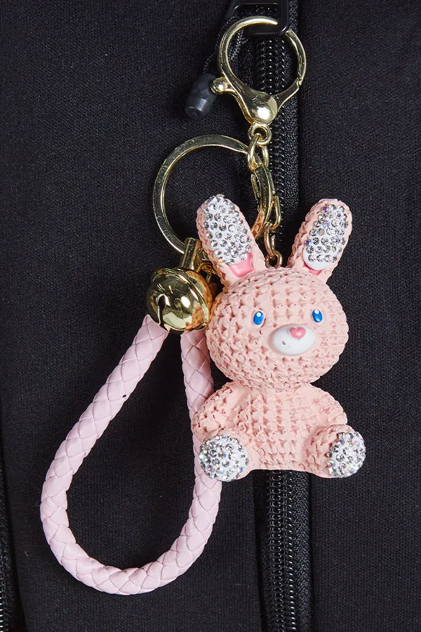 Crystal Rabbit Keychain with Rebel Charm in Pink