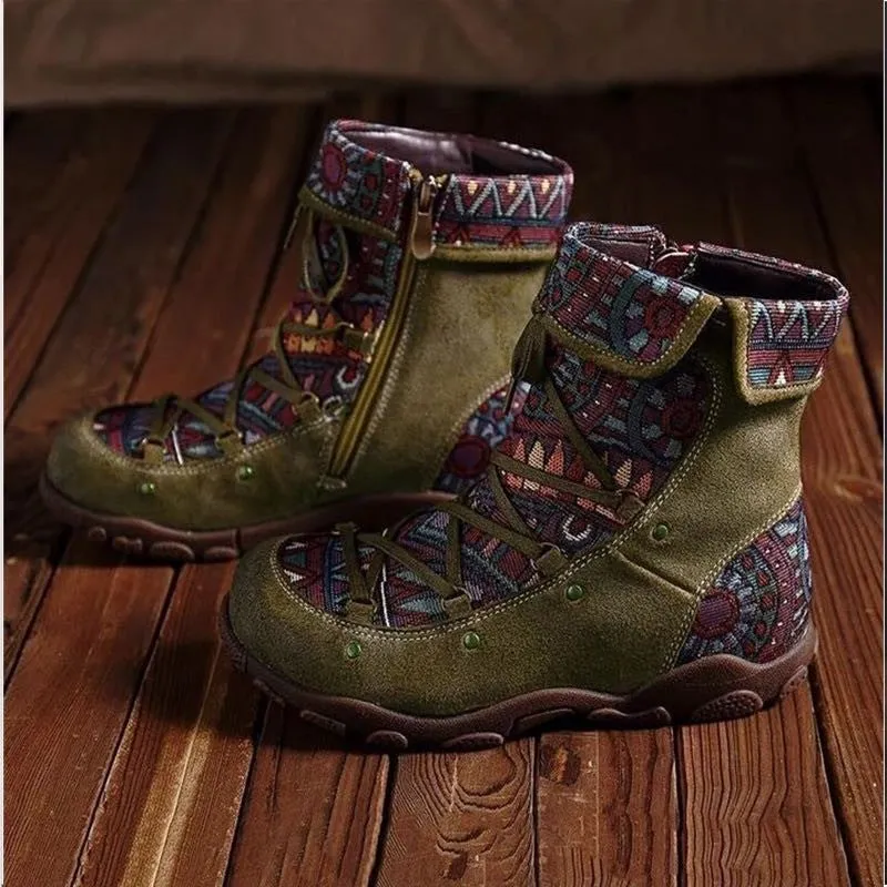 elveswallet Ethnic patchwork retro side zip booties