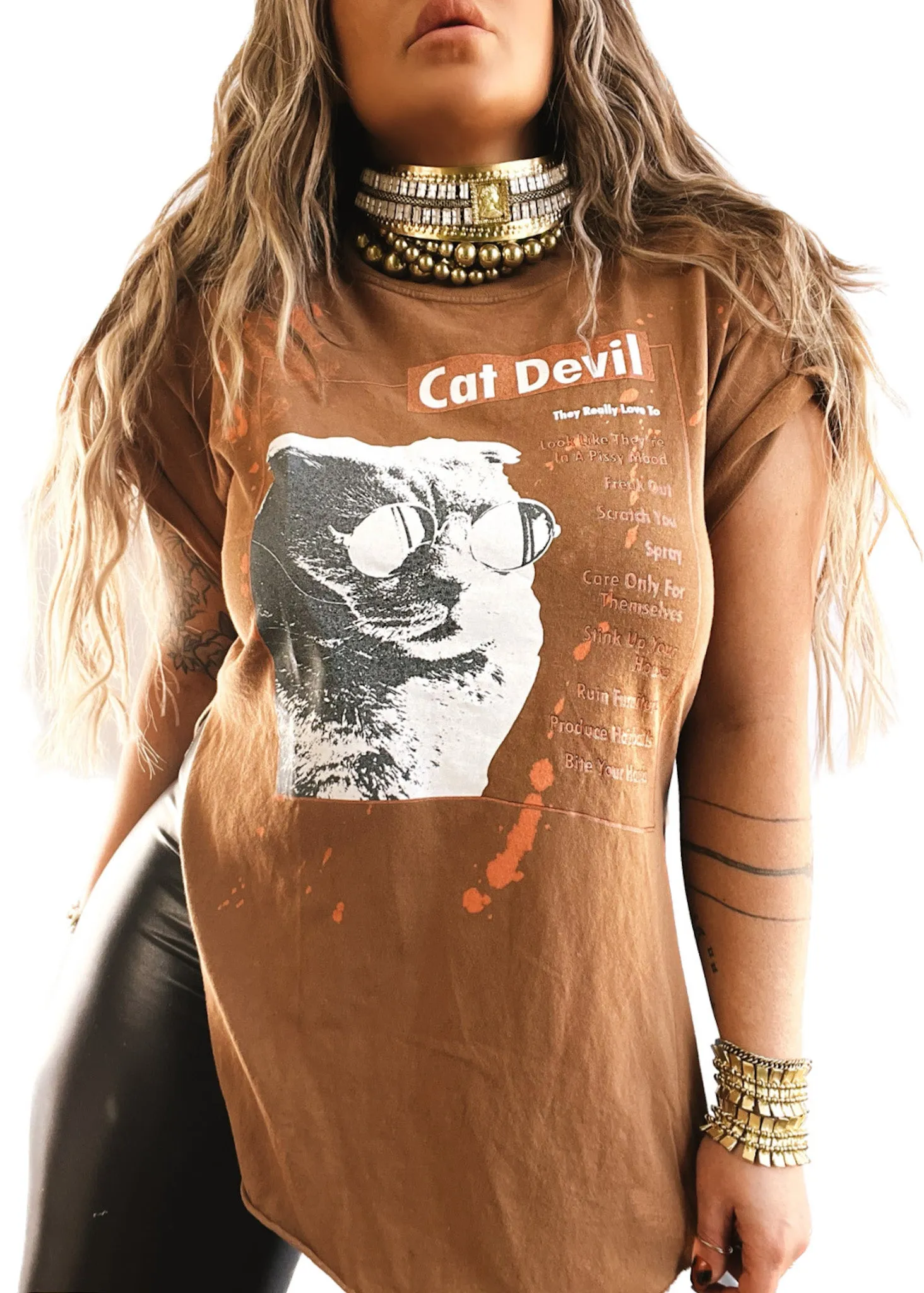 FINAL SALE: CAT DEVIL BLEACHED OUT SIDE SLIT TEE