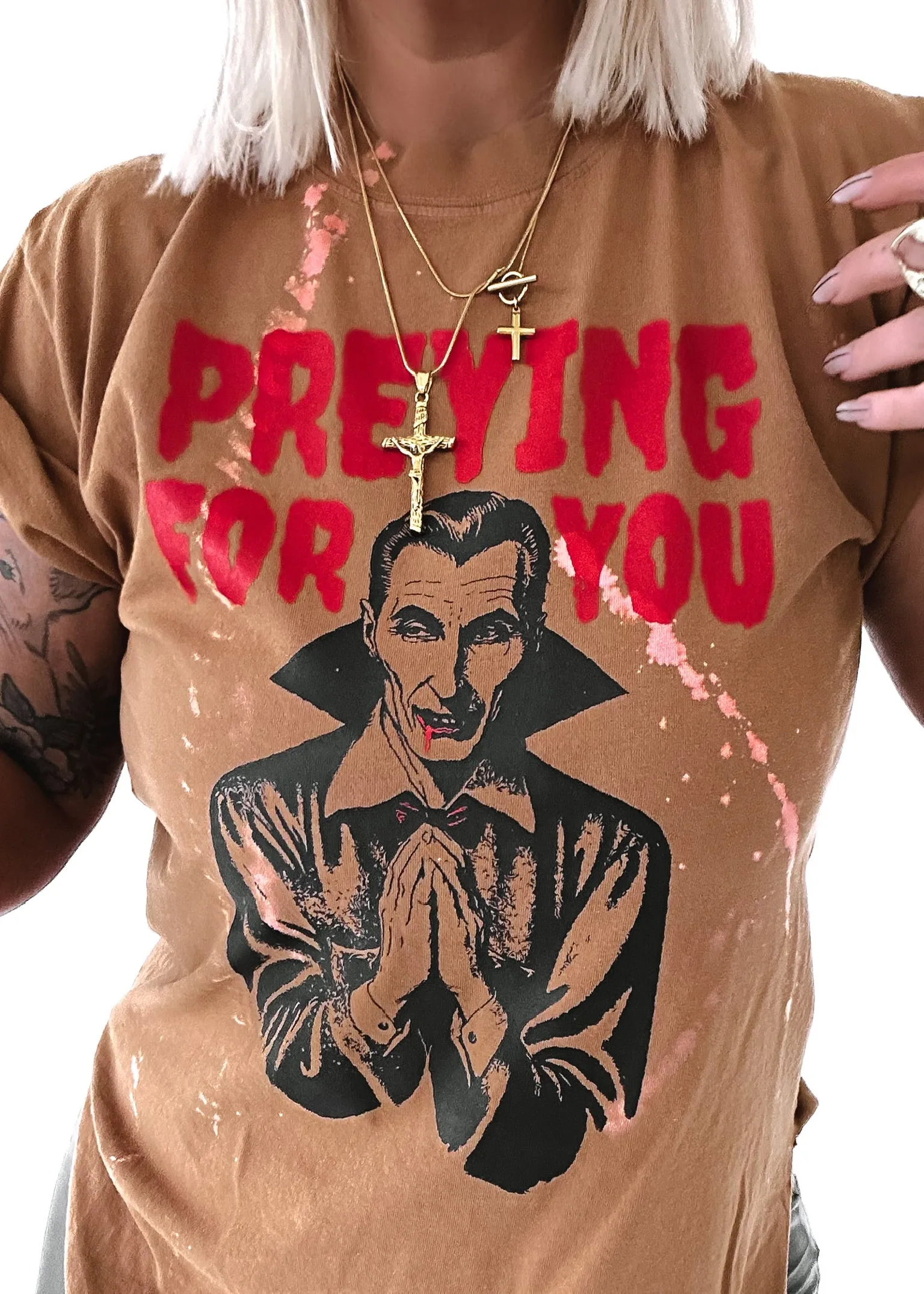 FINAL SALE: PREYING FOR YOU (VAMPIRE) BLEACHED OUT SIDE SLIT TEE