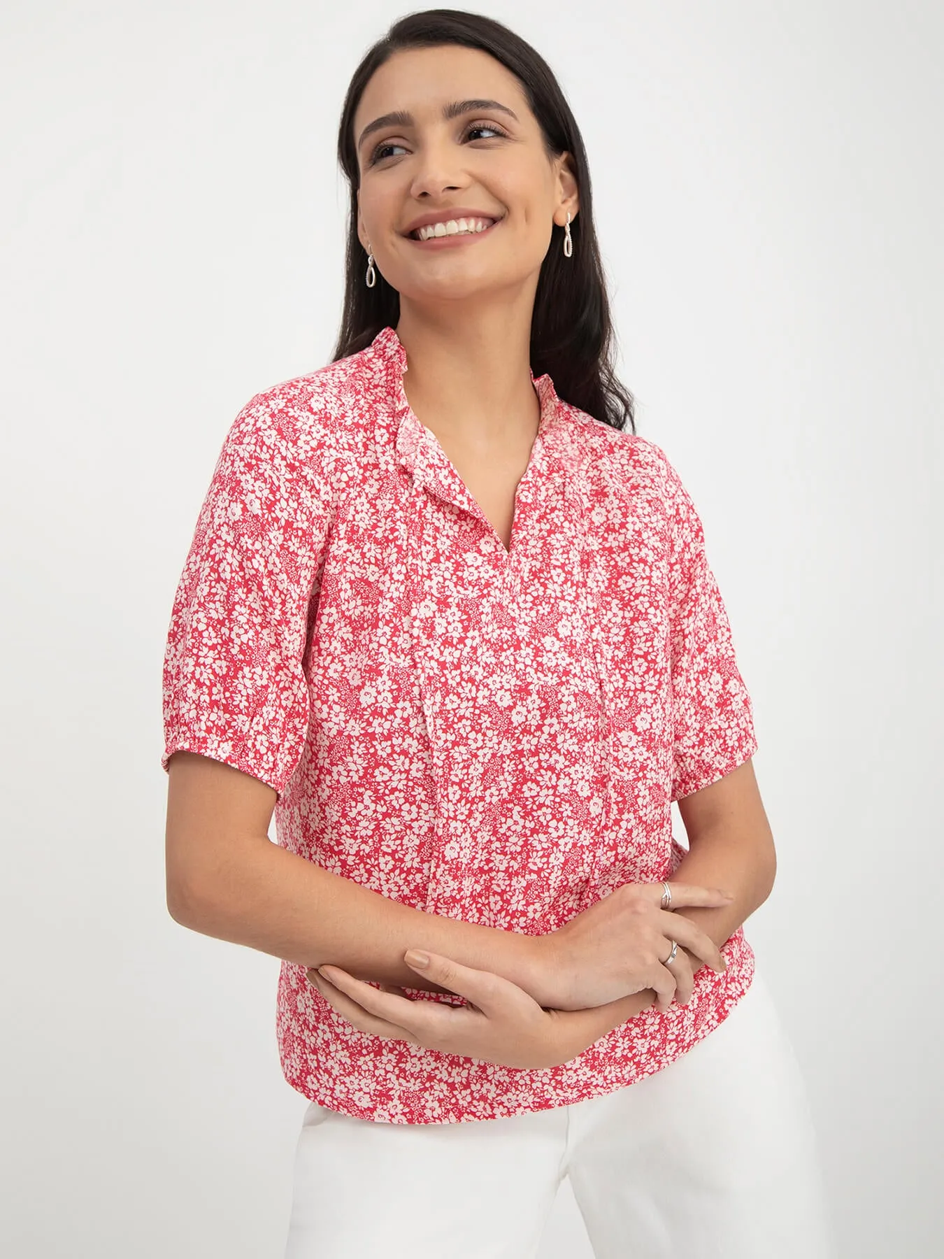 Floral Print Tie-Up Top - Red And White