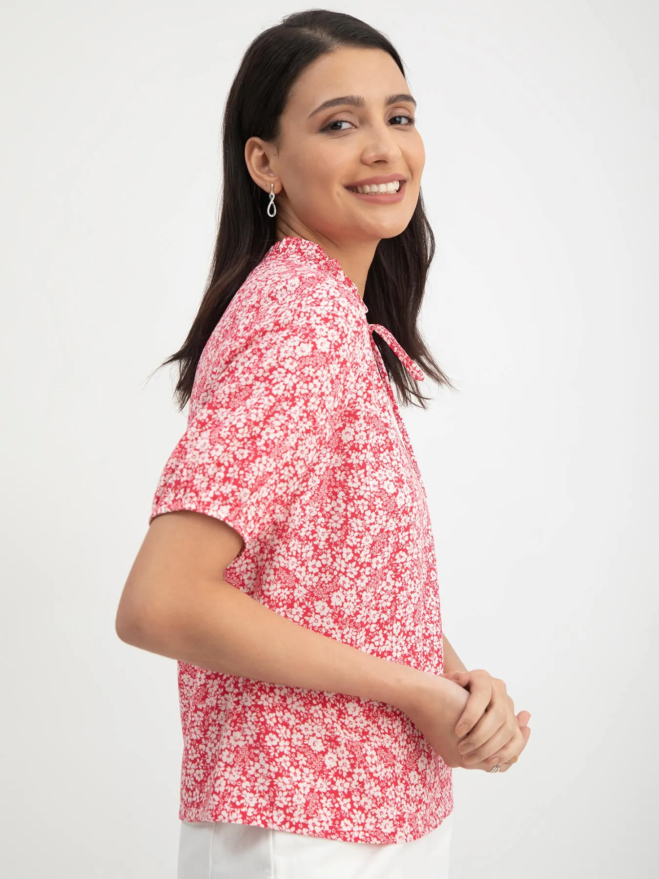 Floral Print Tie-Up Top - Red And White