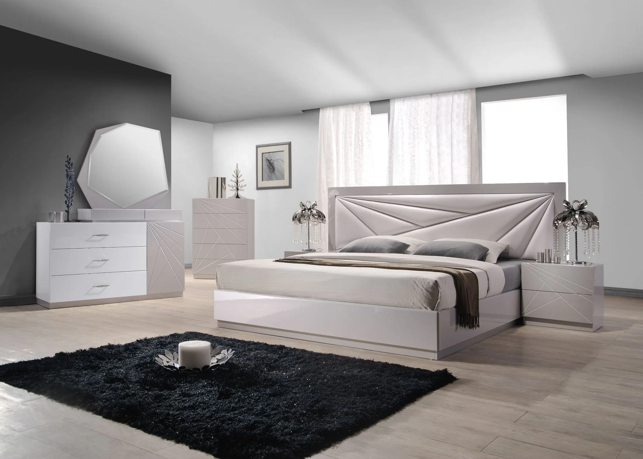 Florence White and Light Grey Lacquer Platform Bed