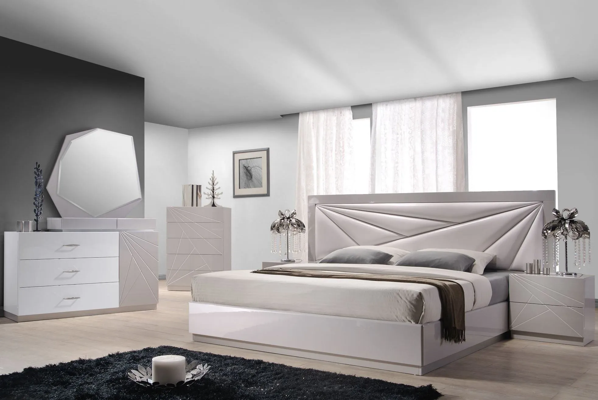 Florence White and Light Grey Lacquer Platform Bed