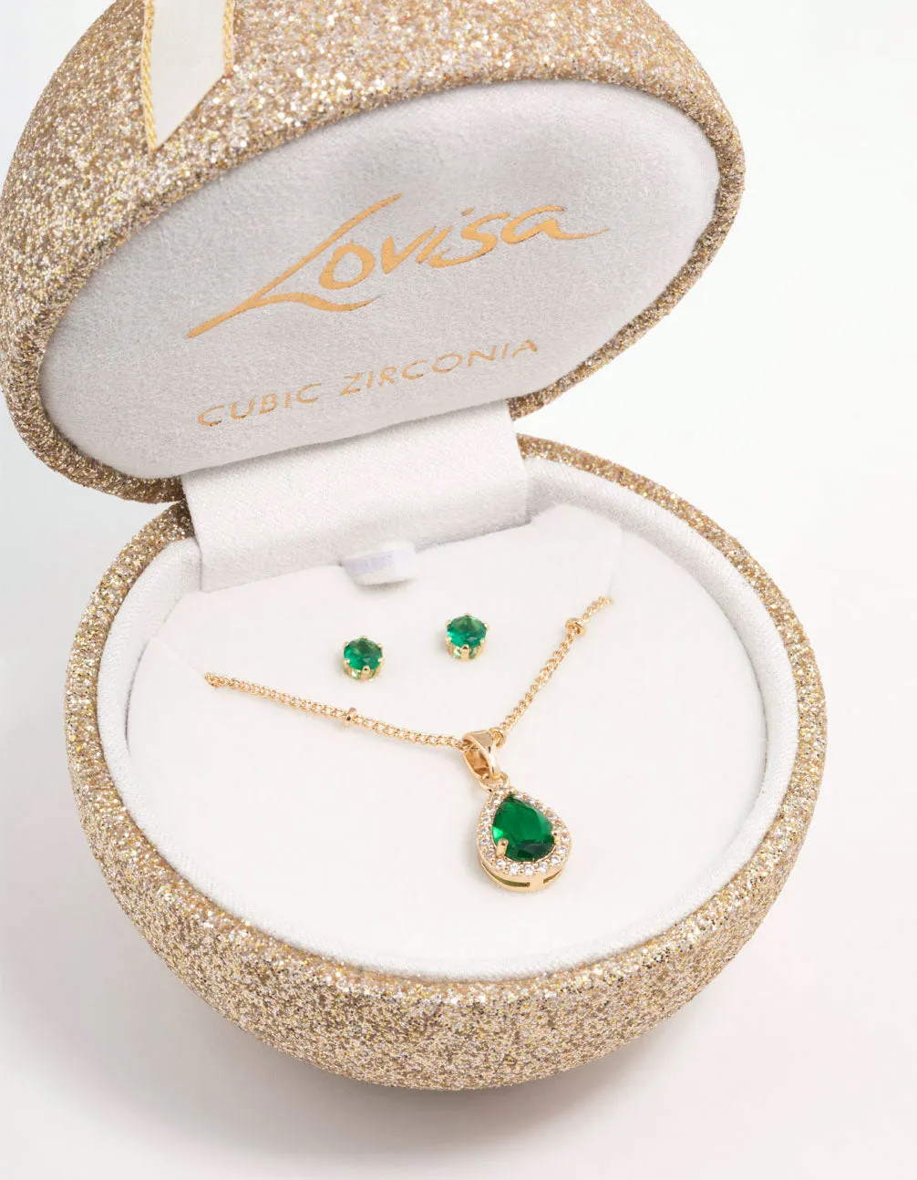 Gold Emerald Cubic Zirconia Necklace & Stud Earrings Set