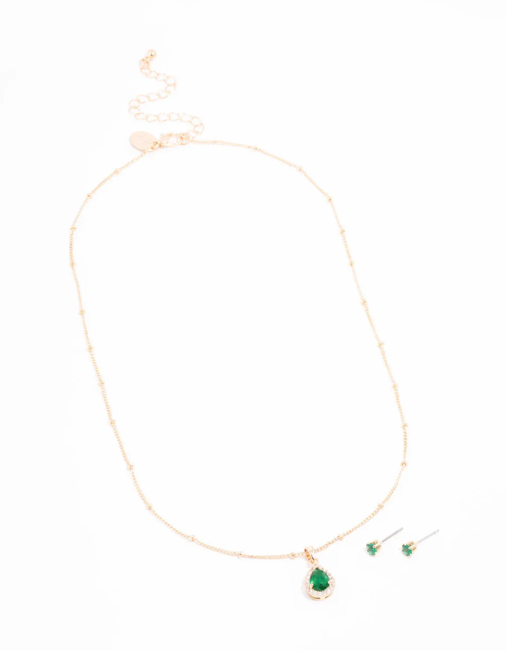 Gold Emerald Cubic Zirconia Necklace & Stud Earrings Set