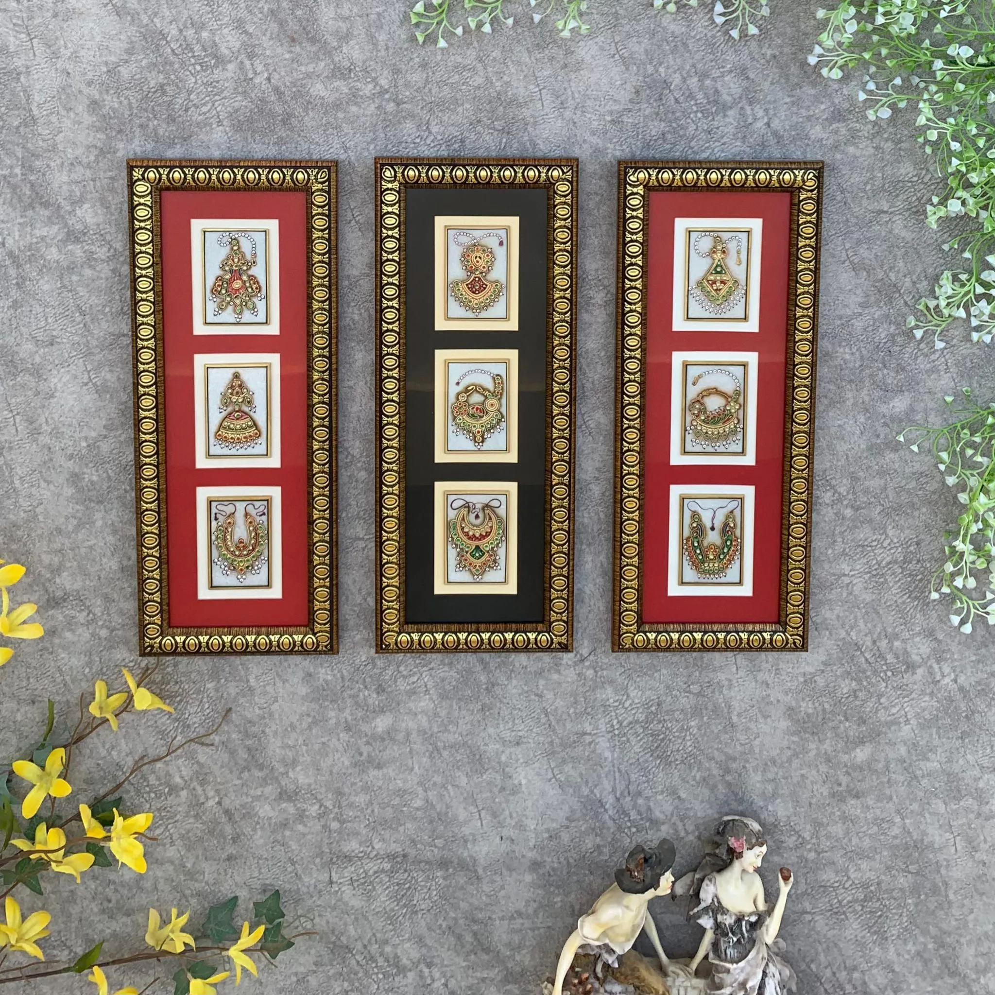 Handcrafted Jewelry Painting (Set of 3) - Wall Decor - 22K Gold Leaf Meenakari Marble Art