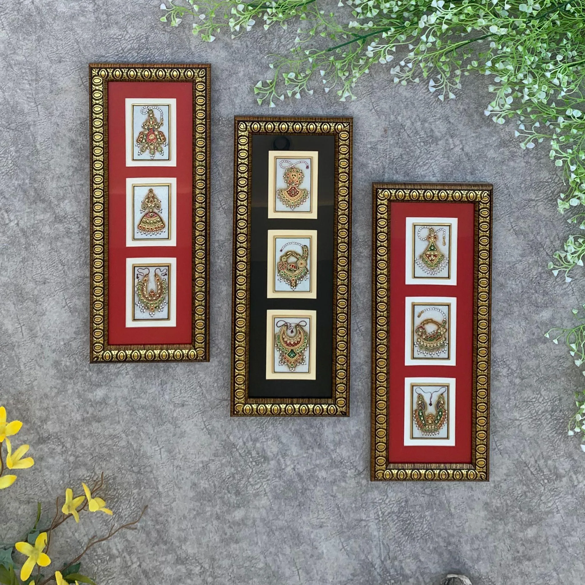 Handcrafted Jewelry Painting (Set of 3) - Wall Decor - 22K Gold Leaf Meenakari Marble Art