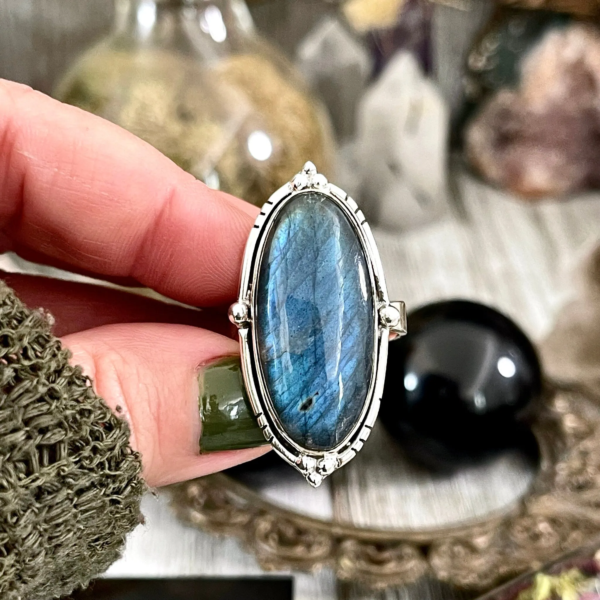 Labradorite Oval Crystal Statement Ring in Sterling Silver - Designed by FOXLARK Collection Adjustable to Size 6 7 8 9 | Blue Stone