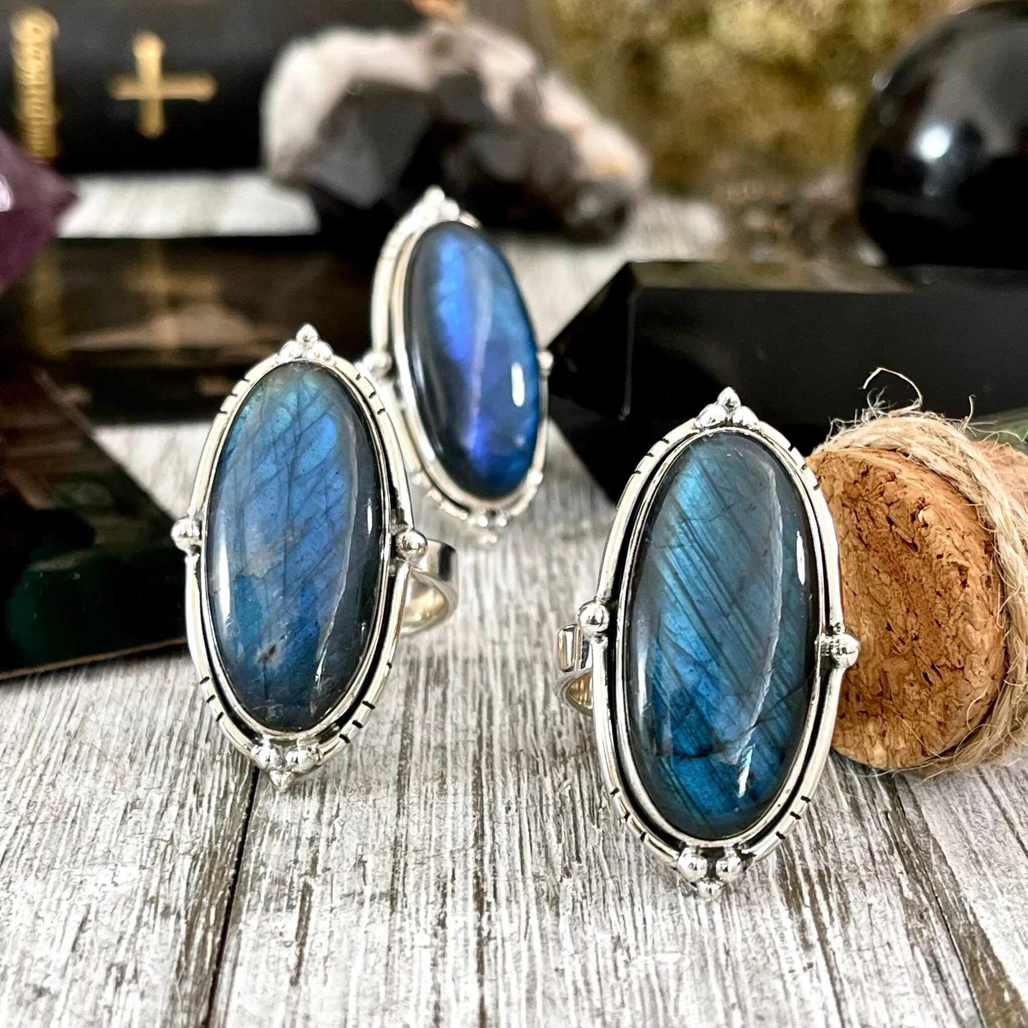 Labradorite Oval Crystal Statement Ring in Sterling Silver - Designed by FOXLARK Collection Adjustable to Size 6 7 8 9 | Blue Stone