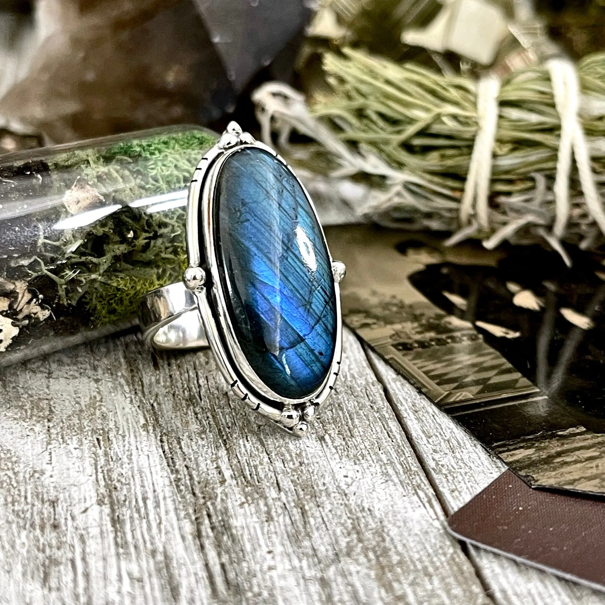 Labradorite Oval Crystal Statement Ring in Sterling Silver - Designed by FOXLARK Collection Adjustable to Size 6 7 8 9 | Blue Stone