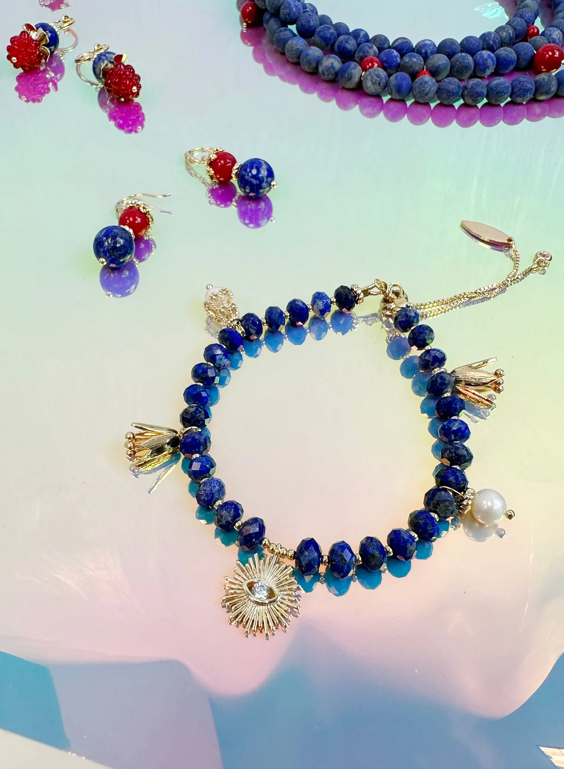 Lapis with Evil Eye Charms Adjustable Bracelet JB007