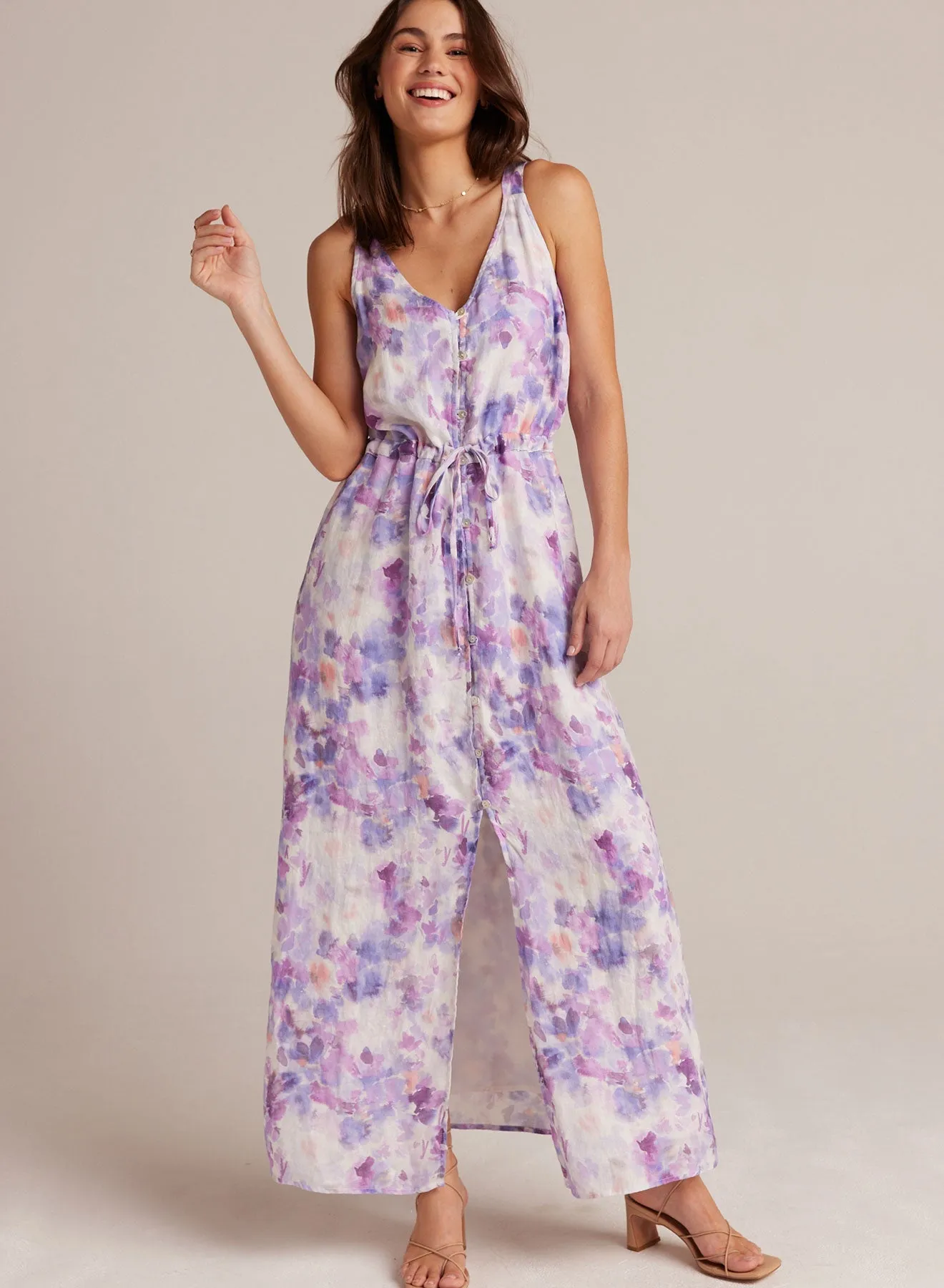 Linen Button Front  Dress - Iris Floral Print