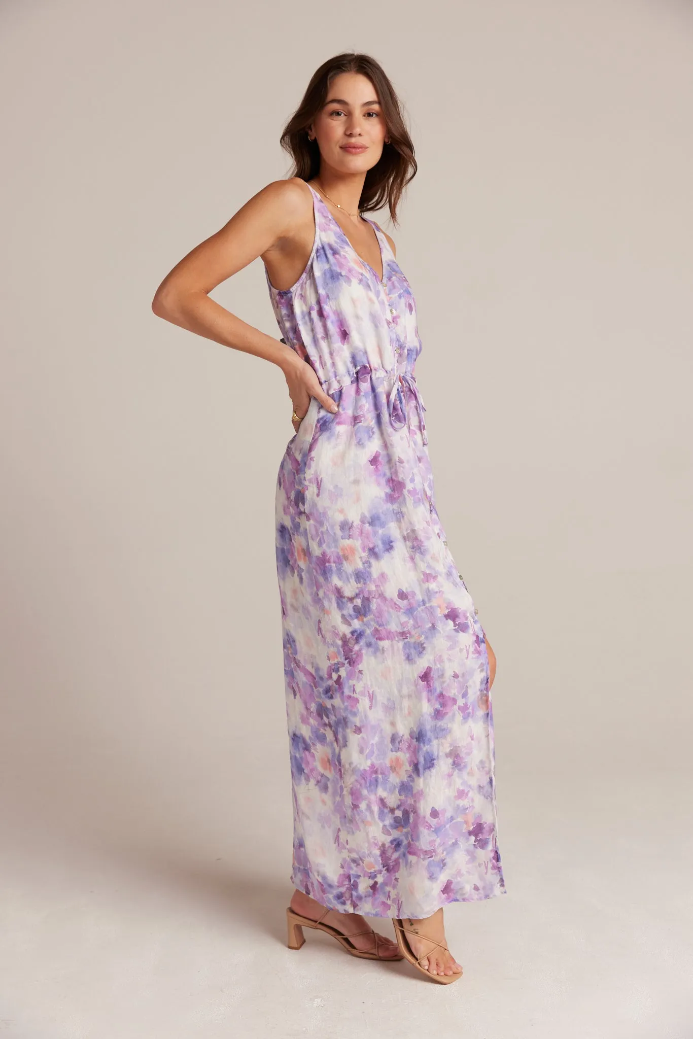 Linen Button Front  Dress - Iris Floral Print