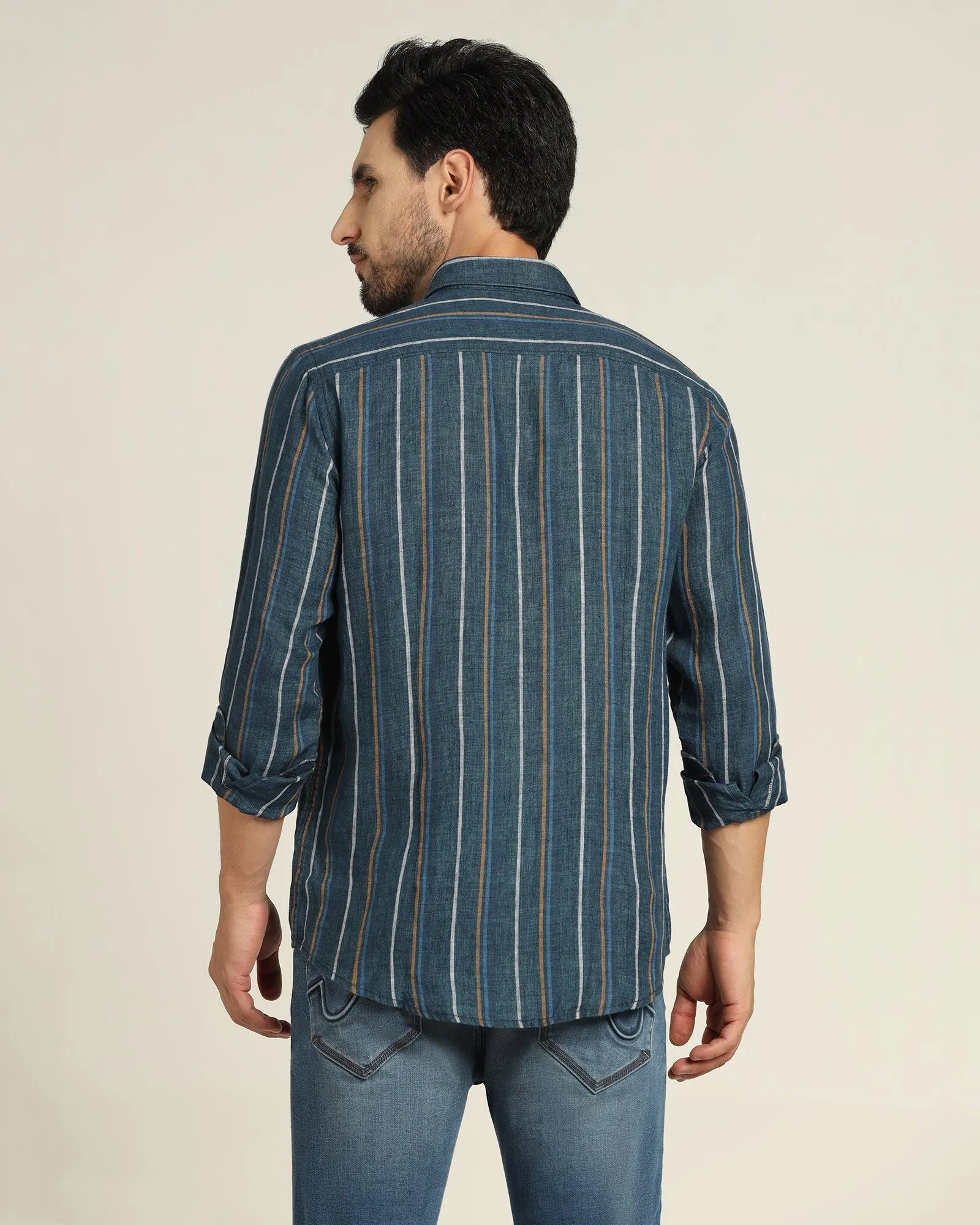 Linen Casual Navy Striped Shirt - Jade