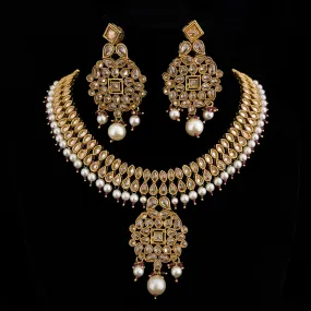 Lustrous Jumbora Antique Gold Necklace Set with LCD polki Stones