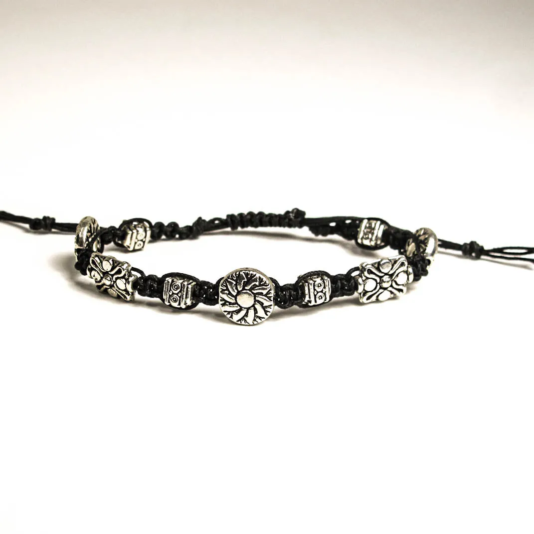 Macrame Bracelet with Graduated, Detailed Pewter Beads