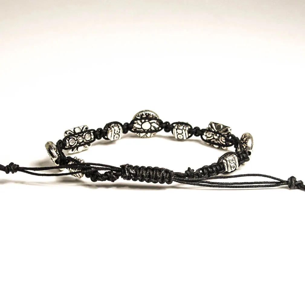 Macrame Bracelet with Graduated, Detailed Pewter Beads