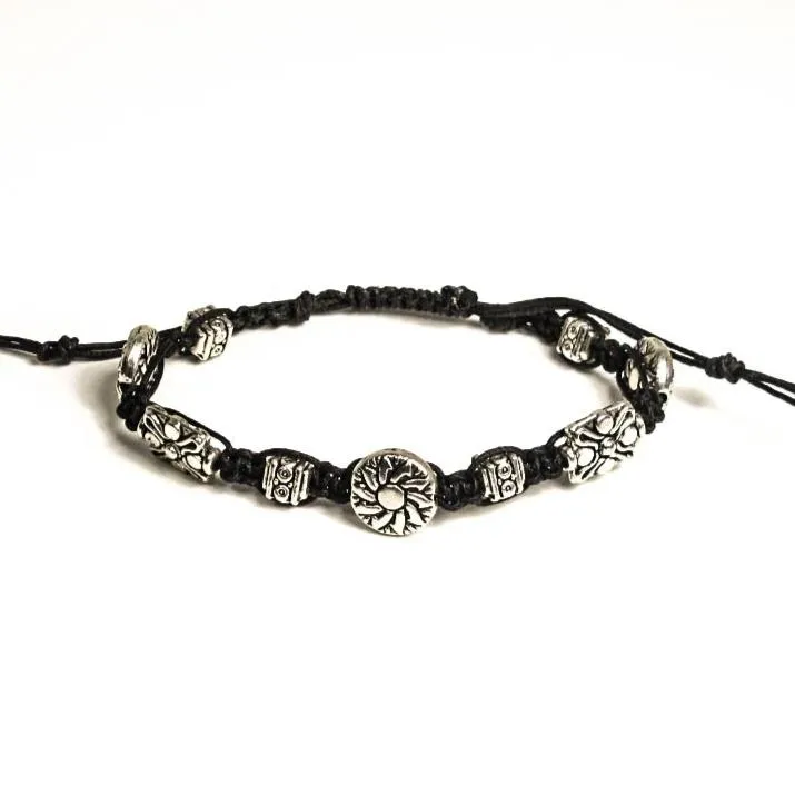 Macrame Bracelet with Graduated, Detailed Pewter Beads