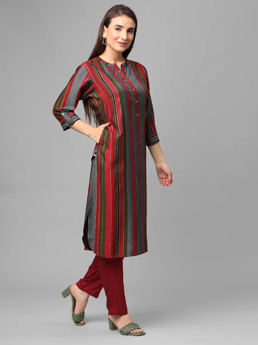 Magenta Multi Stripe Printed Kurta With Trouser