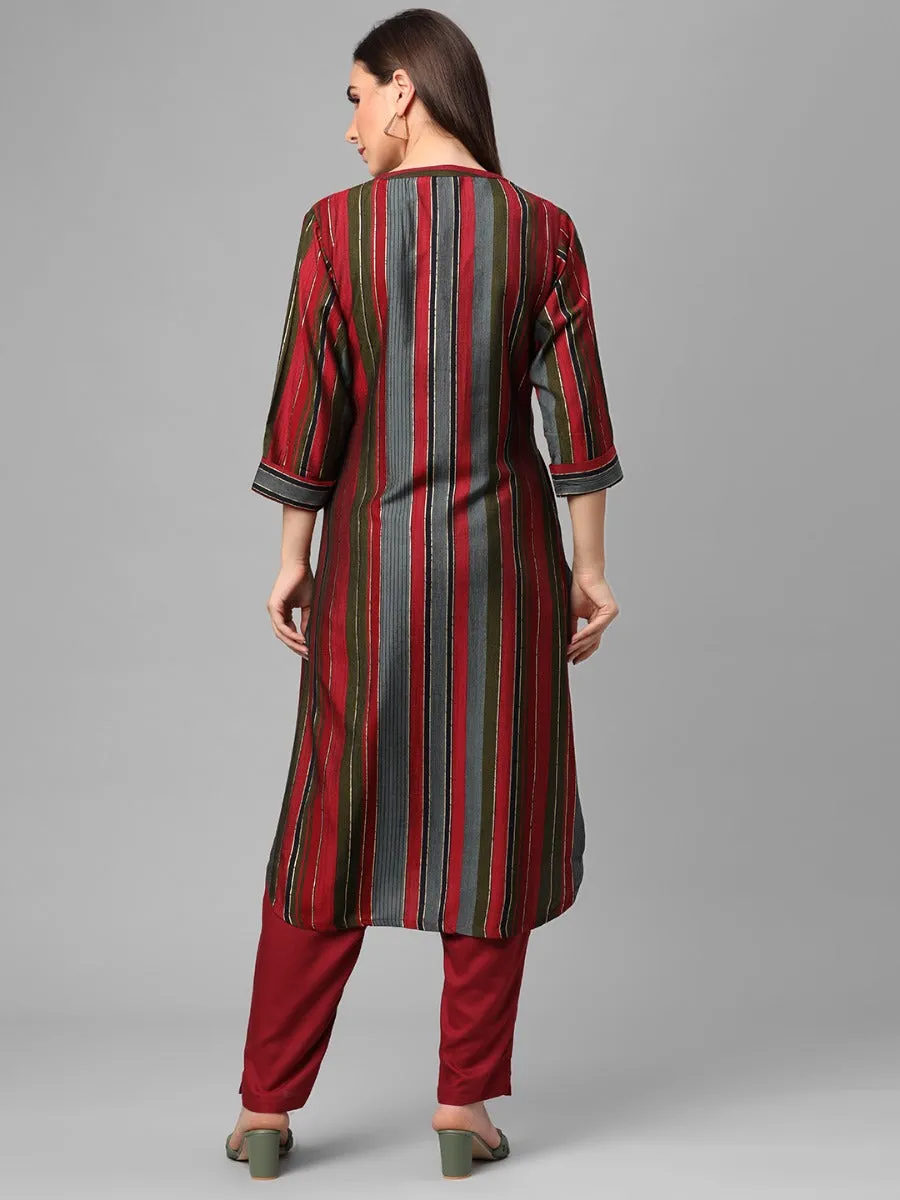 Magenta Multi Stripe Printed Kurta With Trouser