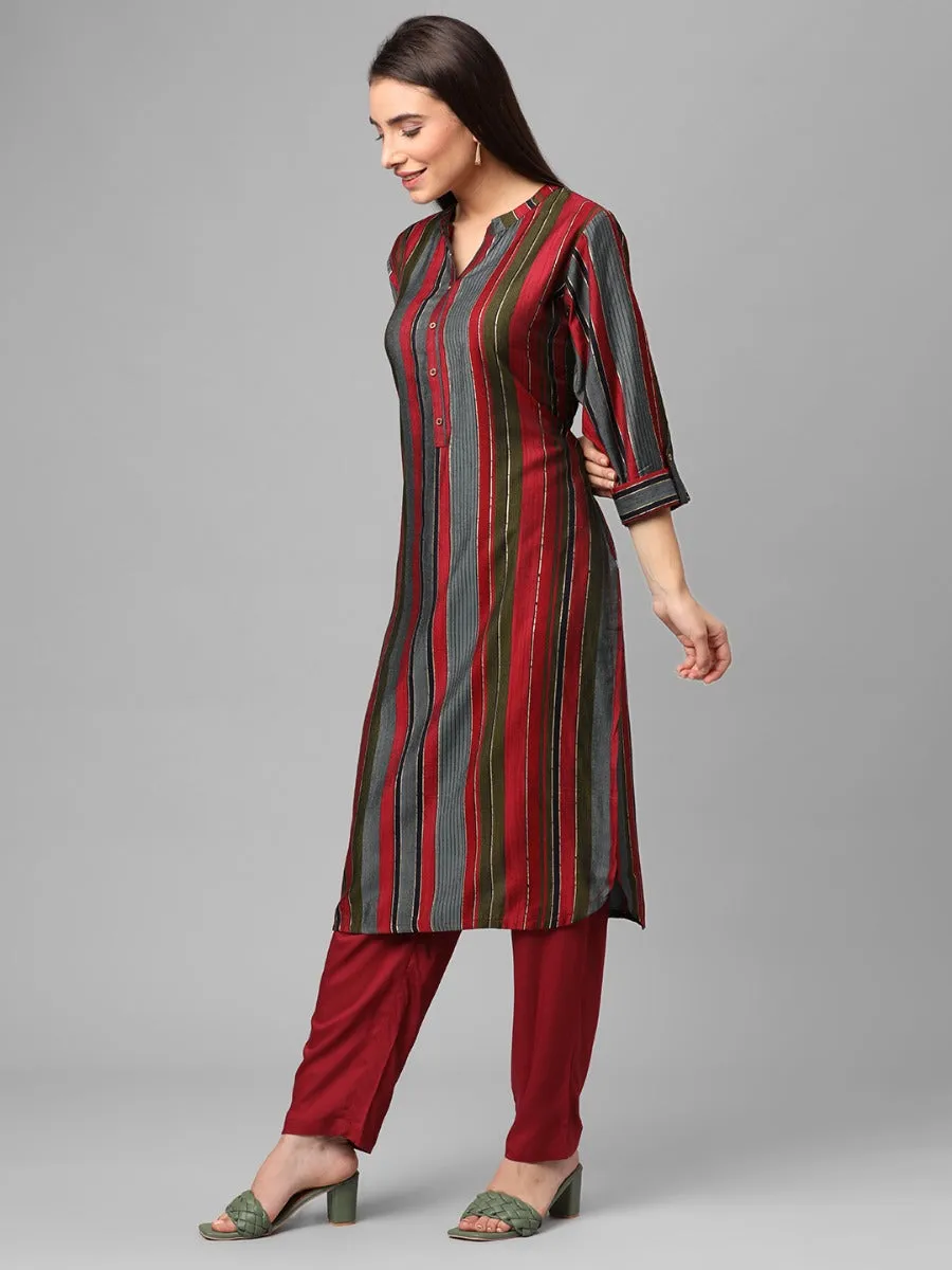 Magenta Multi Stripe Printed Kurta With Trouser