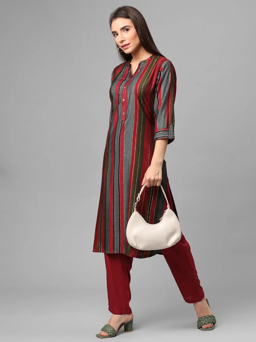 Magenta Multi Stripe Printed Kurta With Trouser