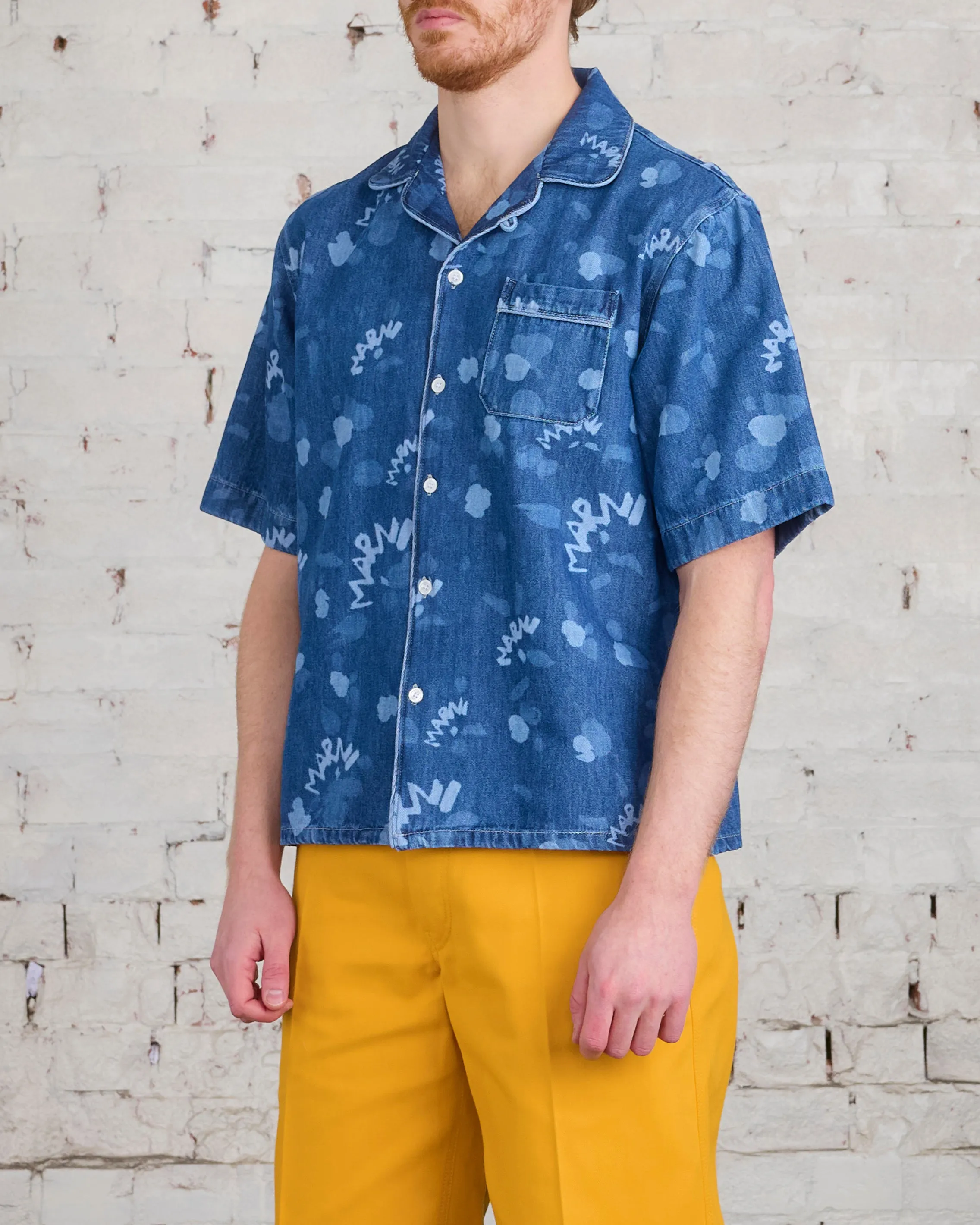 Marni Denim Bowling Short Sleeve Button Shirt Dripping Iris Blue