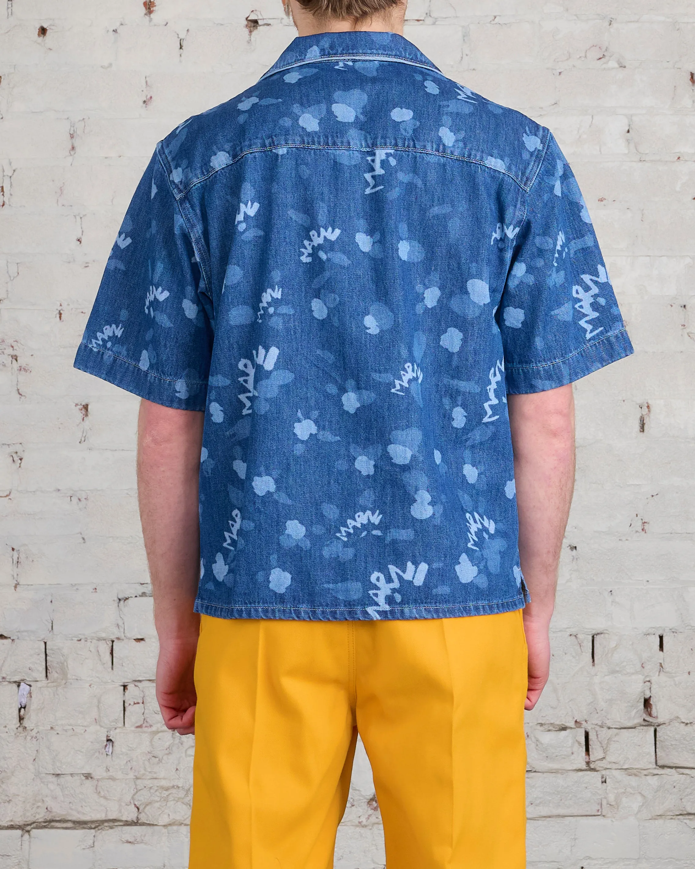 Marni Denim Bowling Short Sleeve Button Shirt Dripping Iris Blue