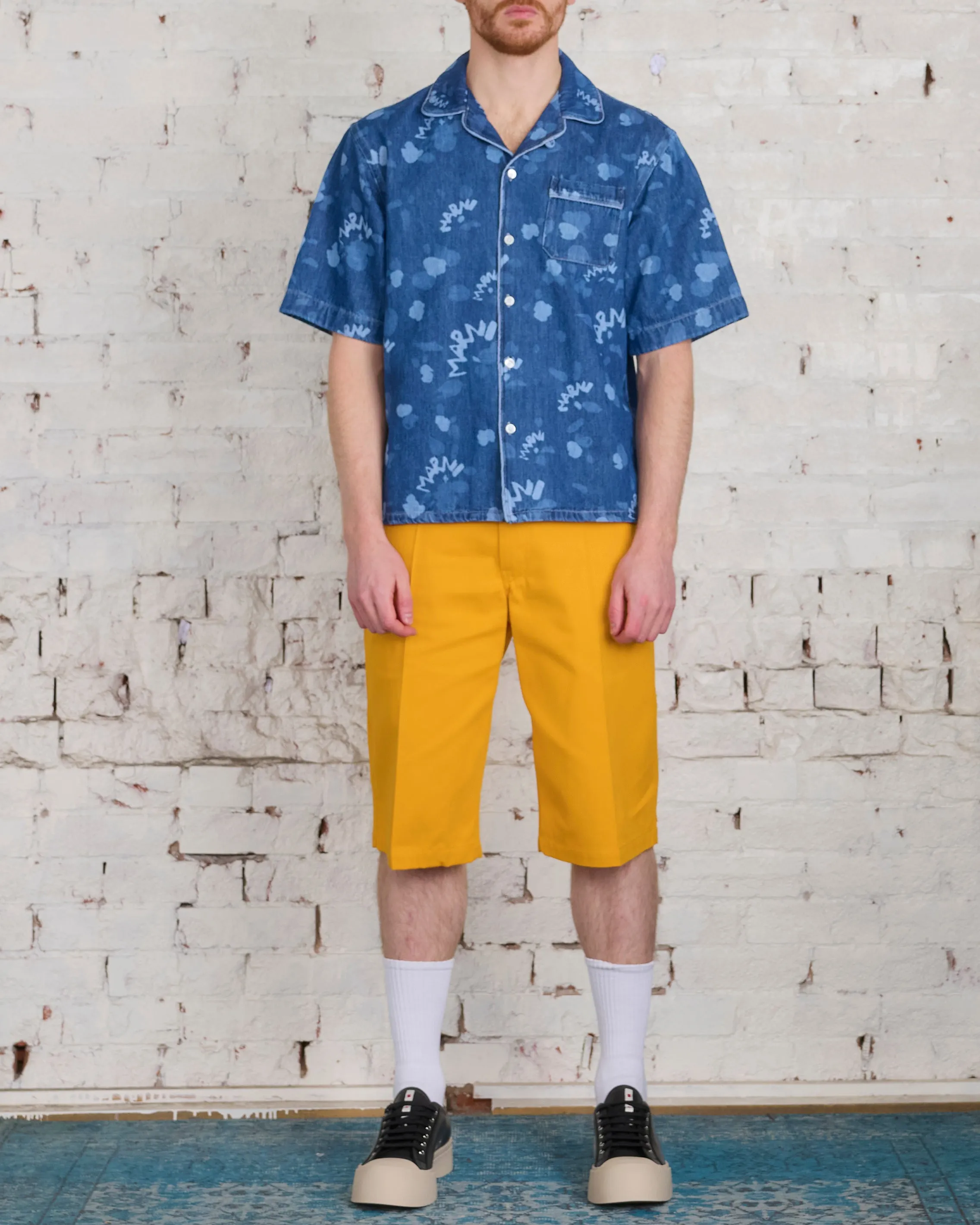 Marni Denim Bowling Short Sleeve Button Shirt Dripping Iris Blue