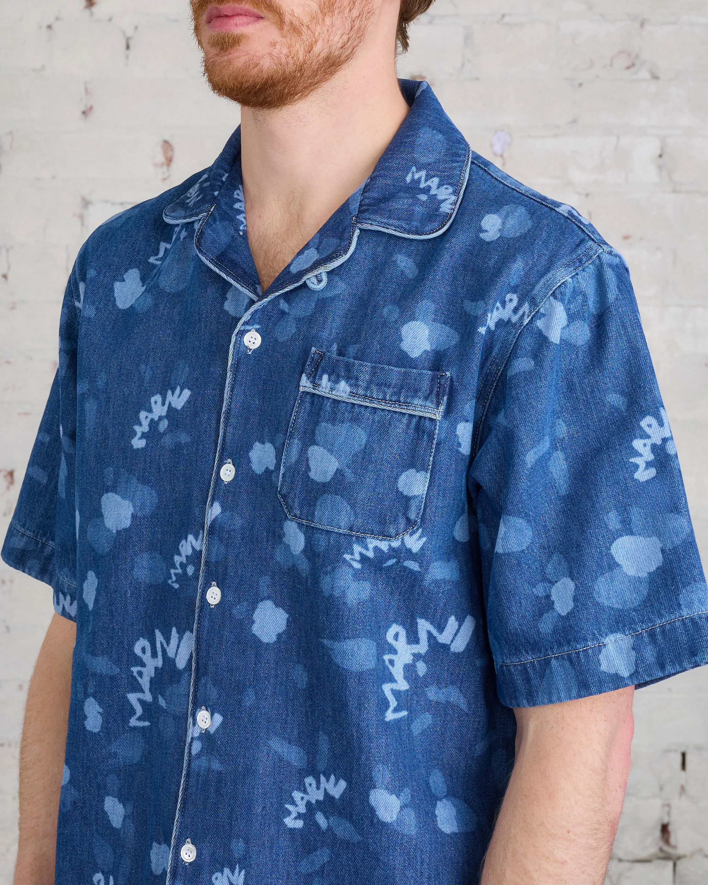 Marni Denim Bowling Short Sleeve Button Shirt Dripping Iris Blue