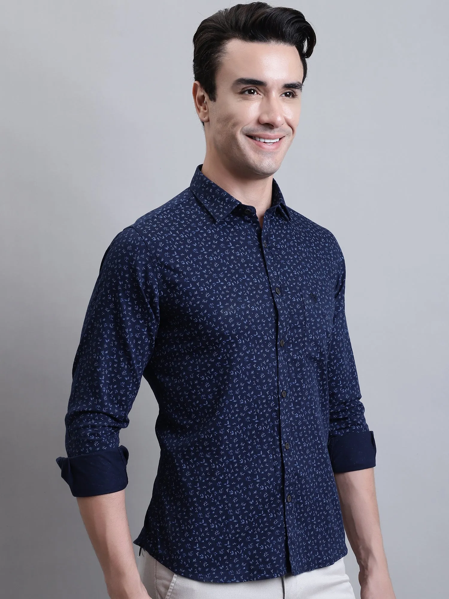 Men's Navy Blue Casual Floral Ditsy Print Full Sleeve Shirt