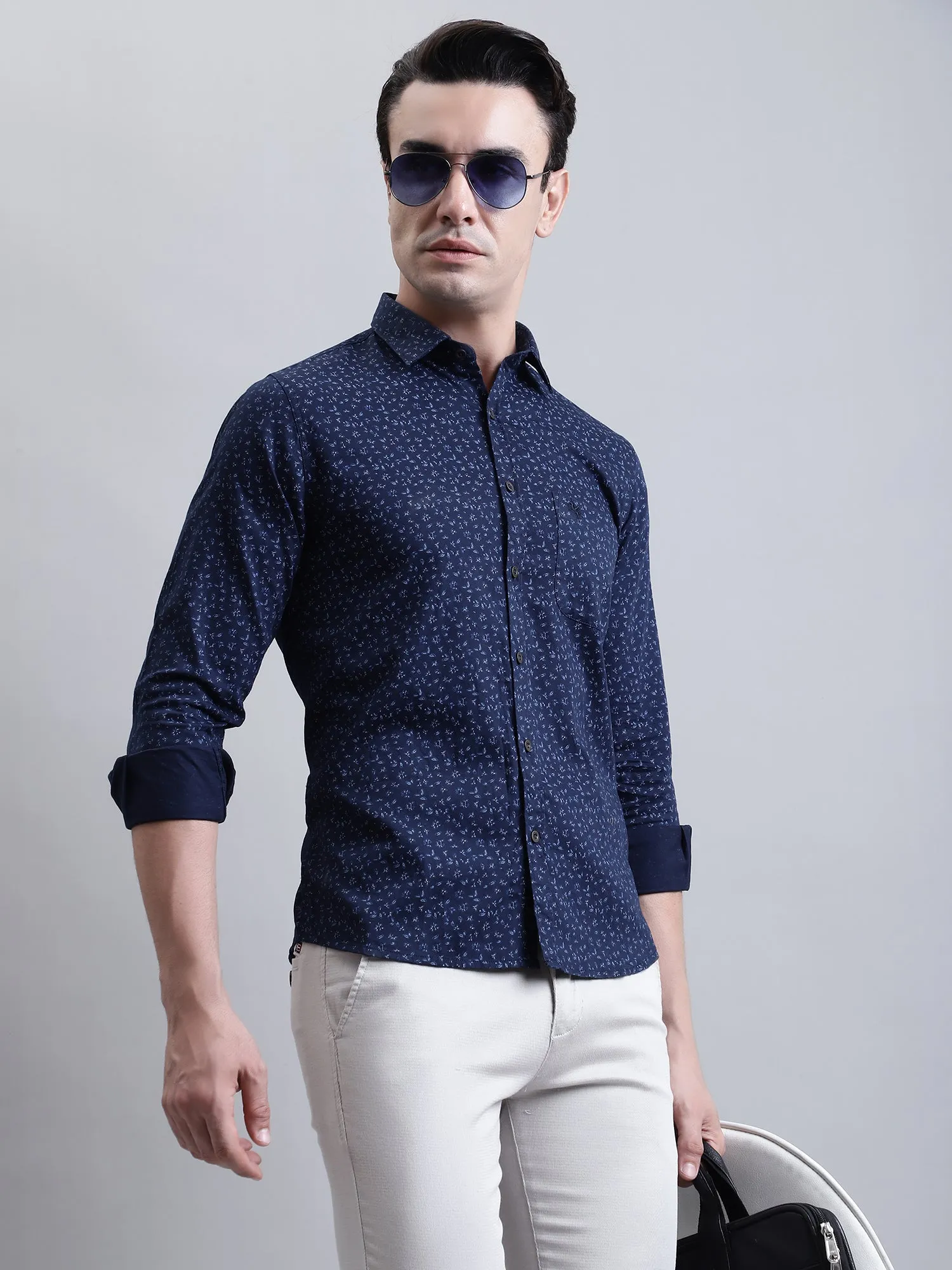 Men's Navy Blue Casual Floral Ditsy Print Full Sleeve Shirt