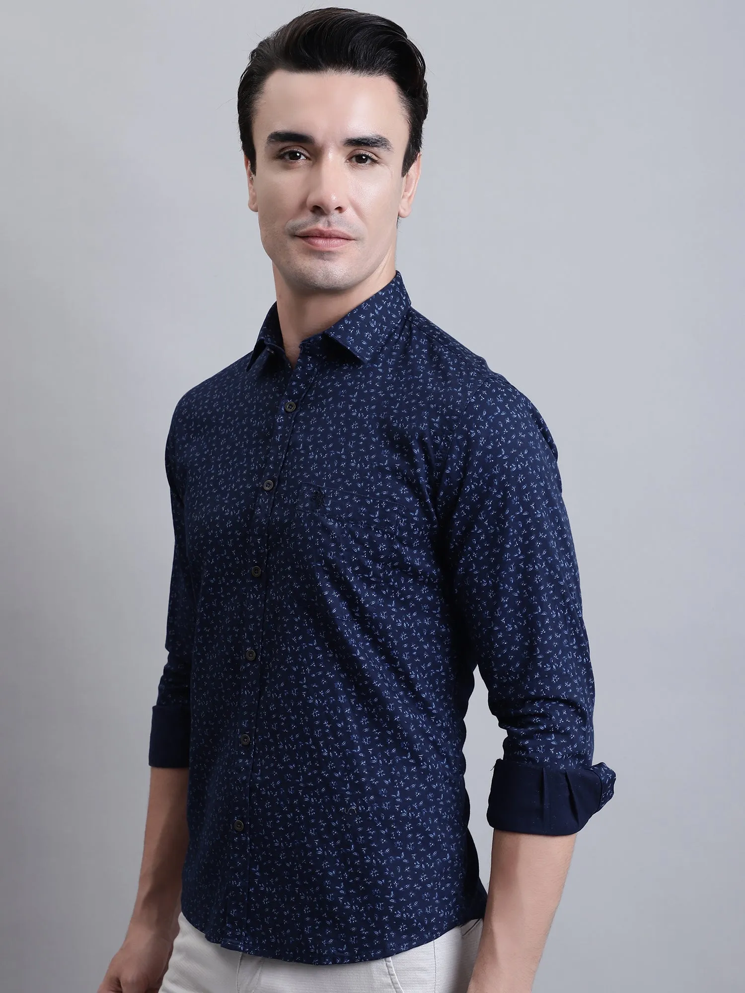 Men's Navy Blue Casual Floral Ditsy Print Full Sleeve Shirt