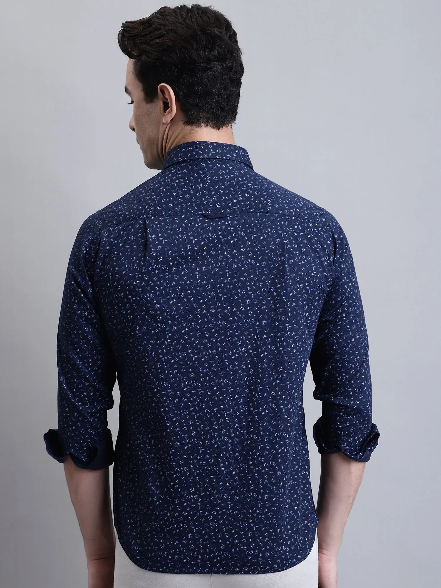 Men's Navy Blue Casual Floral Ditsy Print Full Sleeve Shirt