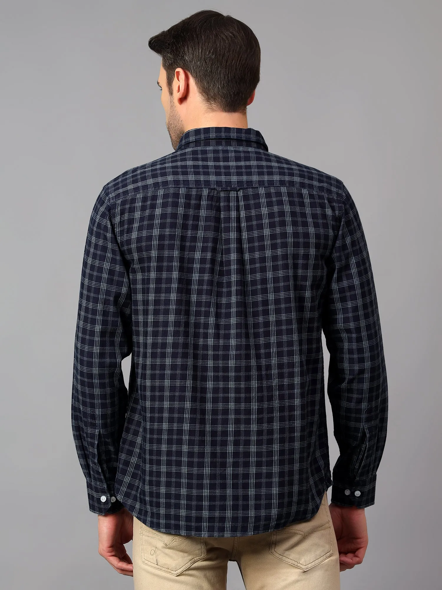 Men's Navy Blue Casual Medium Checks Full Sleeve Shirt