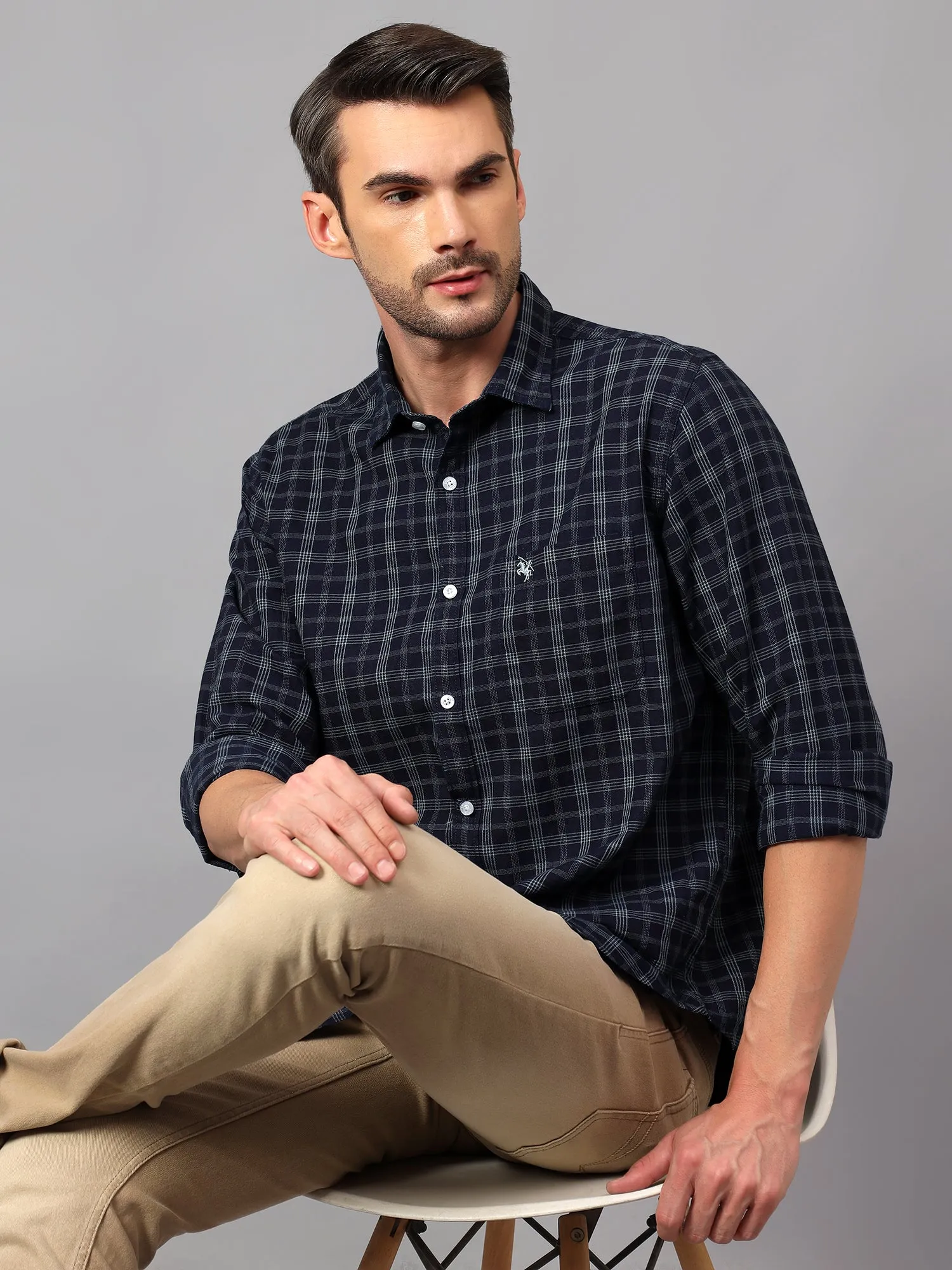 Men's Navy Blue Casual Medium Checks Full Sleeve Shirt